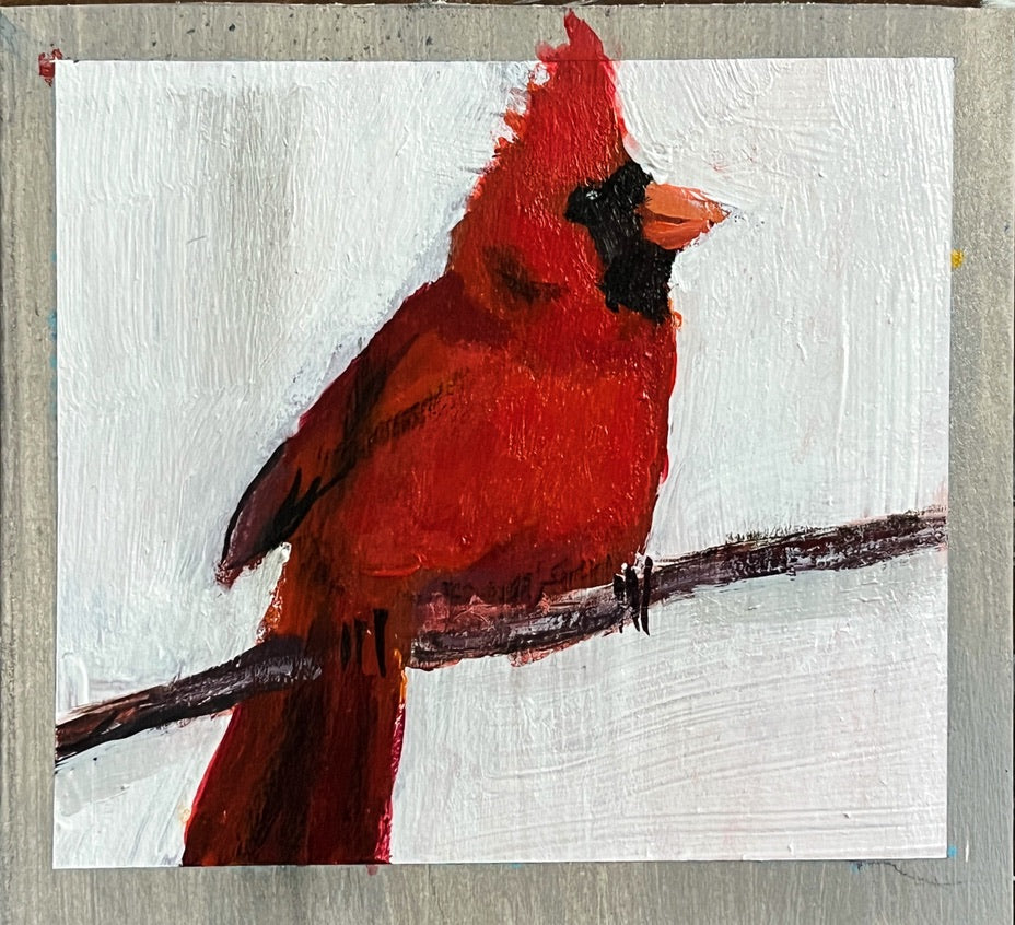 Trio: House Finch, Mountain Bluebird, Cardinal, acrylic on board, 13" x 25"  framed