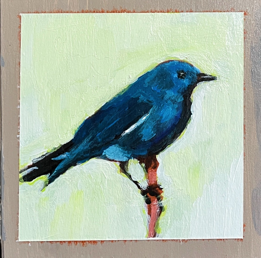 Trio: House Finch, Mountain Bluebird, Cardinal, acrylic on board, 13" x 25"  framed