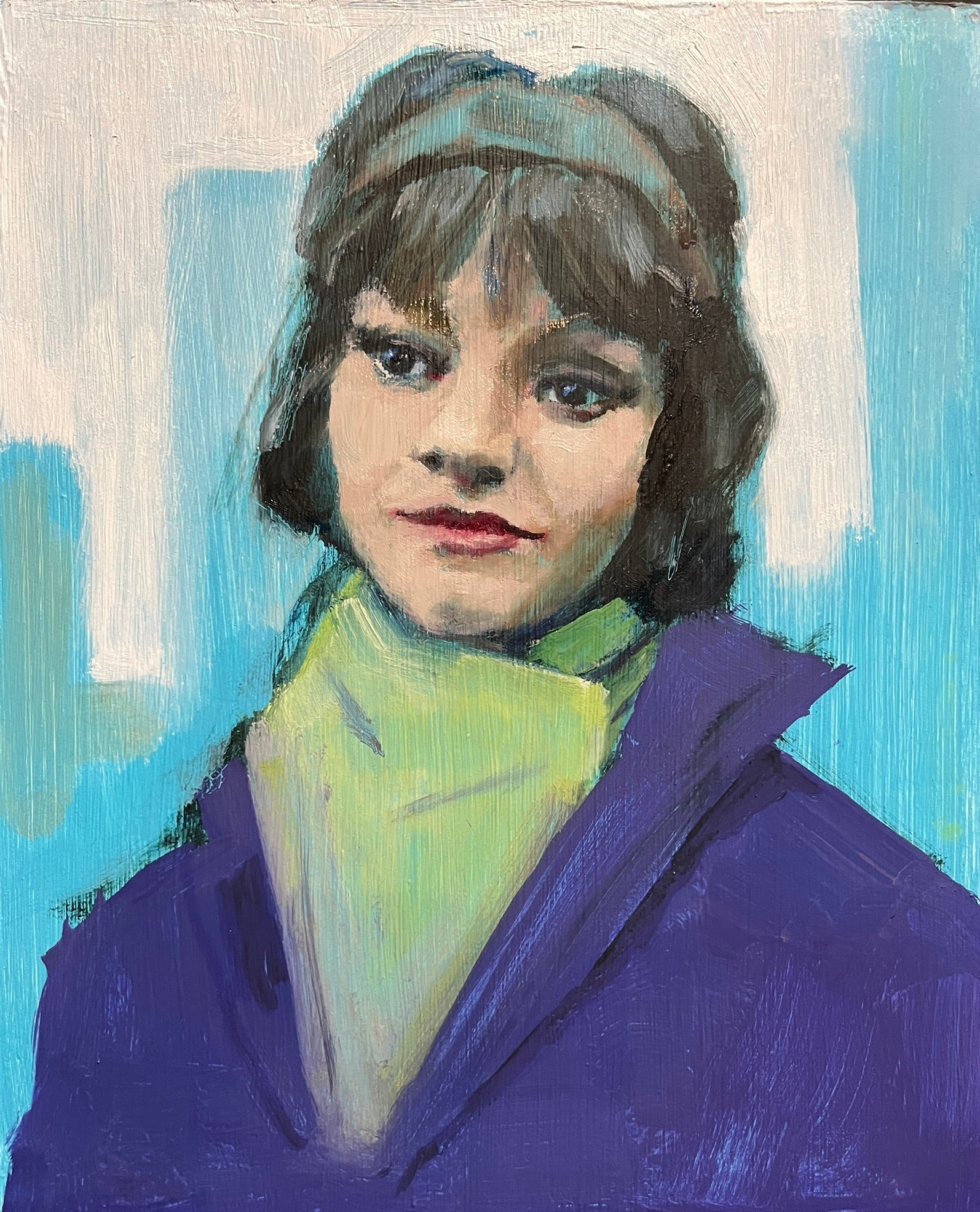 Painting of a person wearing a purple coat and green scarf against a blue and white background