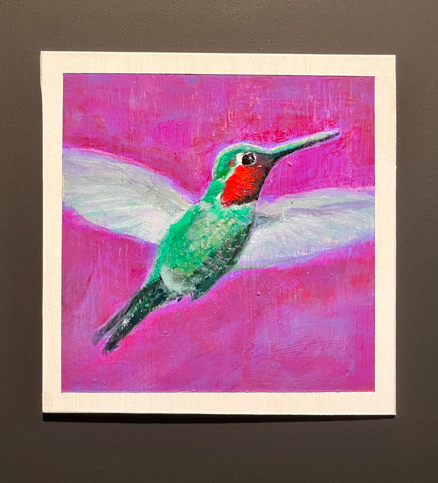 Ruby Throated Hummingbird, acrylic on illustration board, 4.5" x 4.5"