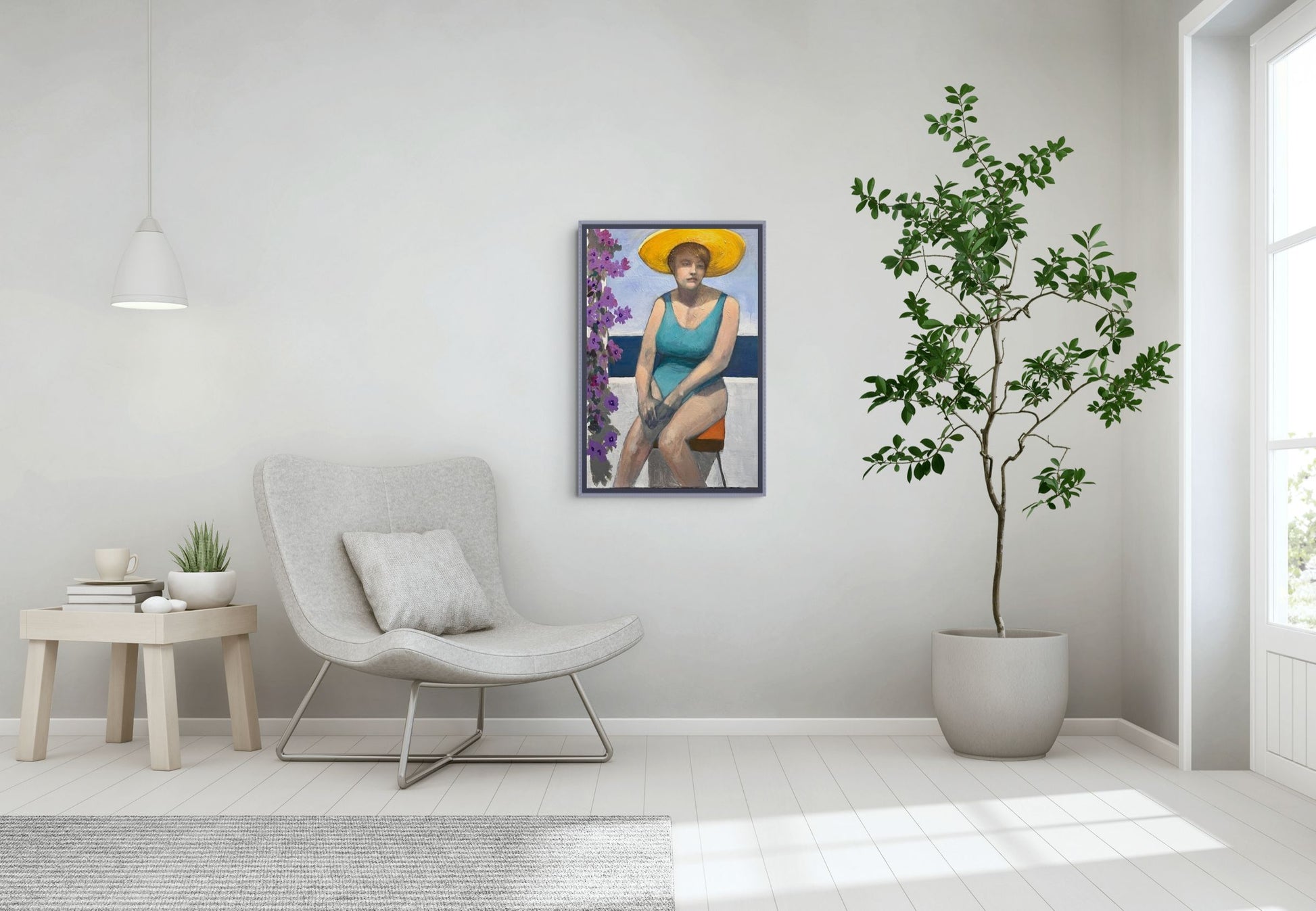 Modern living room with a chair, side table, and plant, featuring a framed artwork on the wall.