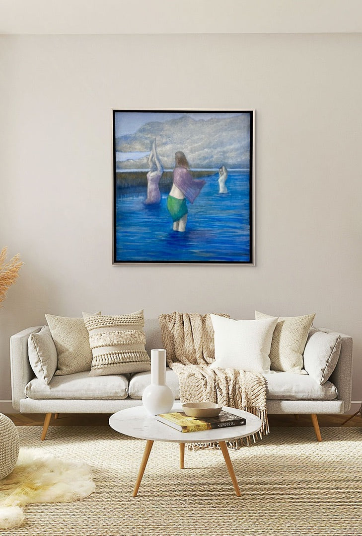 Living room staging of artistic depiction of Naiads in crystal blue waters