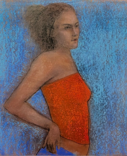 Pastel drawing of a woman wearing an orange strapless top against a blue textured background