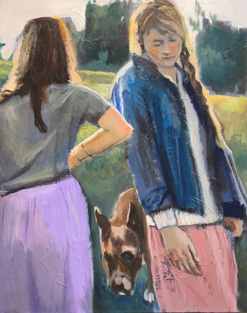 Painting of two people with a dog in an outdoor setting