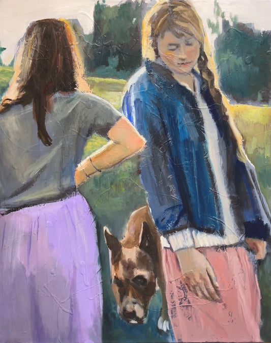 Painting of two people with a dog in an outdoor setting
