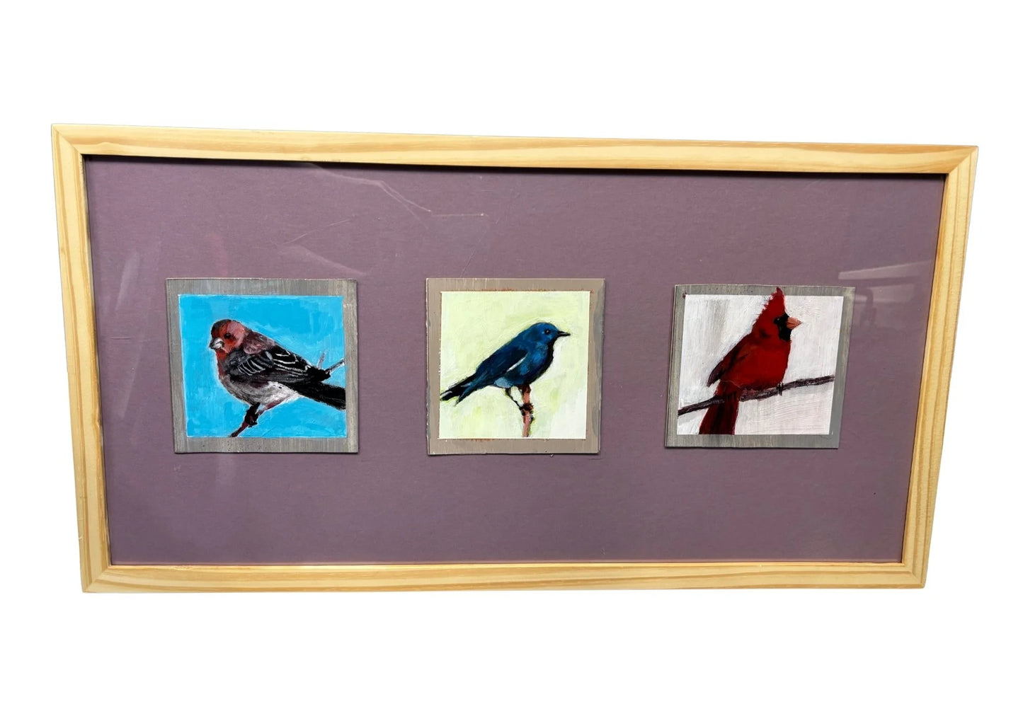 Trio: House Finch, Mountain Bluebird, Cardinal, acrylic on board, 13" x 25"  framed