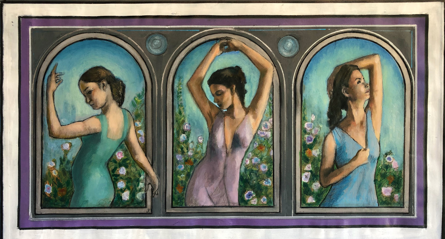 Springtime Triptych, acrylic and ink on archival paper, 23"w by 13"h